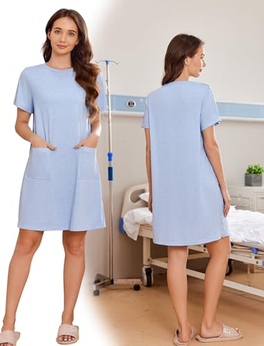 Deyeek Women Post Shoulder Surgery Tear Away Full Open Side Snap Nightgowns - color: Blue, size: X-Large