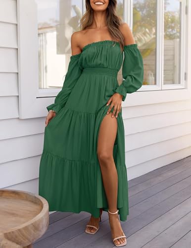 ZESICA Womens Fall Long Sleeve Boho Off Shoulder Maxi Dresses - color: Dark Green, size: X-Small