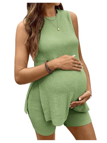 OYOANGLE Women's Two Piece Maternity Outfit Slit Hem Sleeveless Shorts Set - color: Light Green, size: Medium