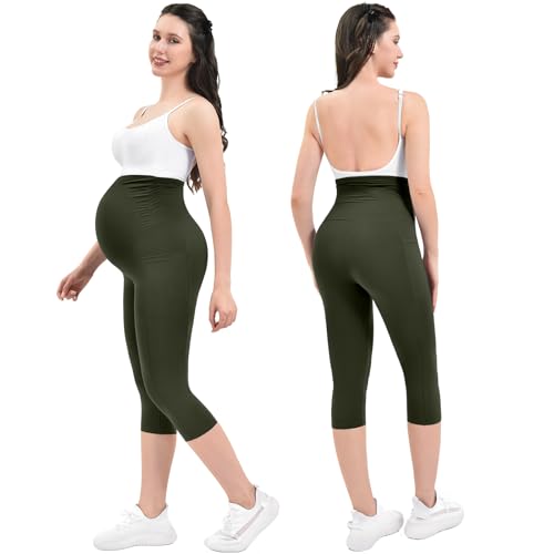 Ipletix Maternity Capris Leggings with Pockets Pregnancy Yoga Pants - color: Green, size: Medium