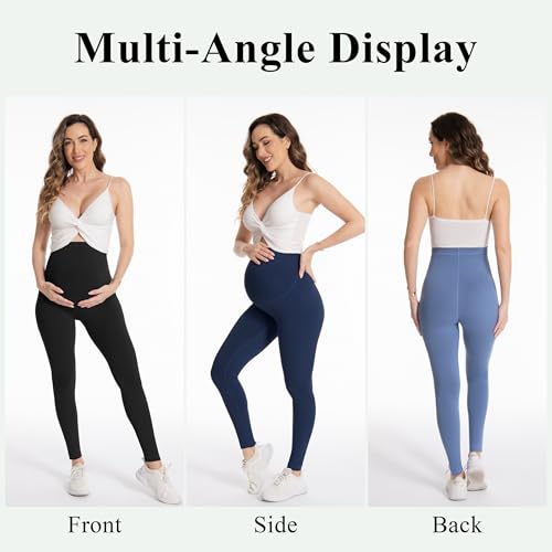 Over‑Belly Maternity Leggings, Soft Stretch Yoga Pants - color: 3 Packs-black/Navy Blue/Blue, size: Medium