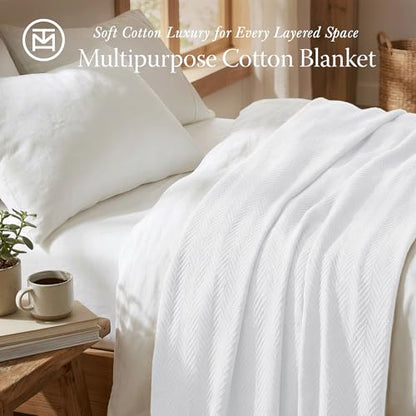 Threadmill Luxury 100% Cotton Twin Herringbone Blanket, Bright White - color: Bright White, size: Twin (68" x 92")