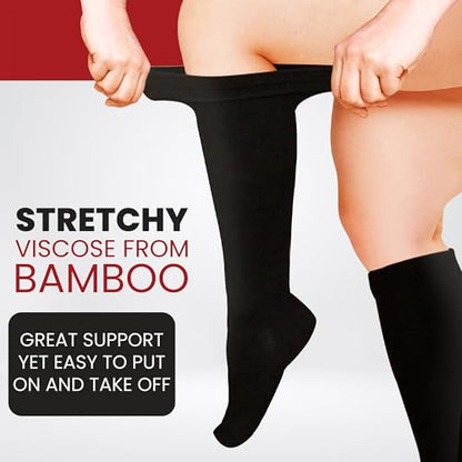 BAMS Plus Size Compression Socks Wide Calf XL XXL XXXL – Graduated Knee-High Support, Viscose from Bamboo Easy-On/Easy-Off - color: Black, size: 3X-Large