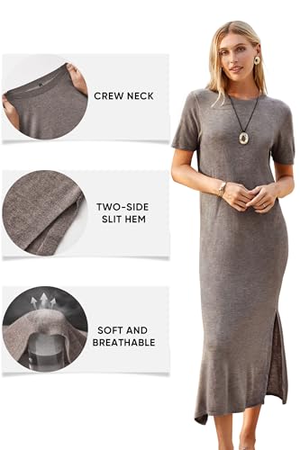 Arach&Cloz Women's Wool Blend Fall Business Casual T Shirts Maxi Dress - color: Coffee, size: Medium