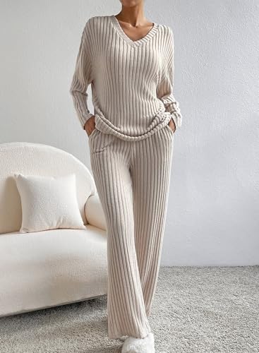 SHEWIN Women's Pajama Sets Ribbed Knit 2 Piece Lounge Sets - color: B Khaki, size: Large