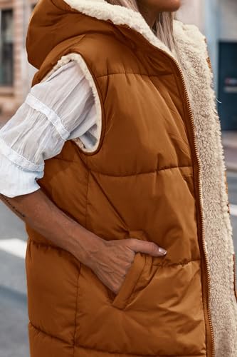 PRETTYGARDEN Women's Winter Reversible Fleece Long Vests - color: Brown, size: Small
