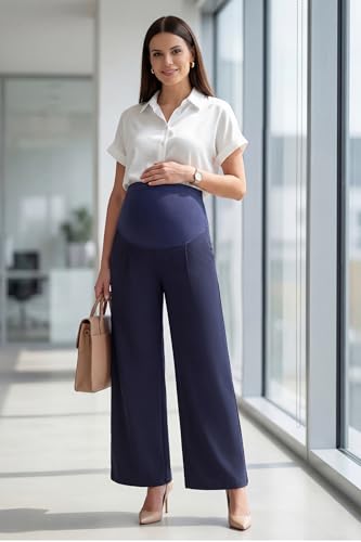 OUGES Women's Wide Leg Summer Business Casual Maternity Pants with Pockets - color: Navy, size: Large