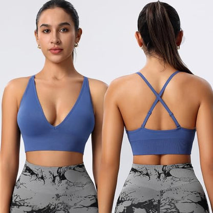 Women's V Neck Sports Bras, Adjustable Seamless Wireless Padded Bralettes - color: Black Pink Navy-blue 3 Pack, size: Large