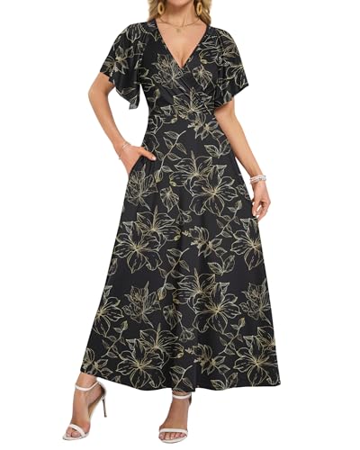 AUSELILY Maxi Dresses Women 2026 Ruffle Sleeve V Neck Summer Wrap Dress - color: Black Gold Leaf, size: Medium