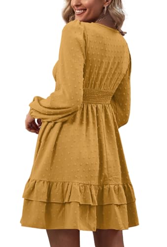 Rooscier Women's Wrap V Neck Swing Ruffle Swiss Dots Long Sleeve Mini Dress - color: Lemon Yellow, size: Small