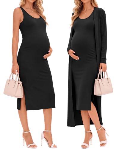 Huukeay 2 Piece Women Maternity Dress Set Baby Shower Outfit - color: Black, size: Small
