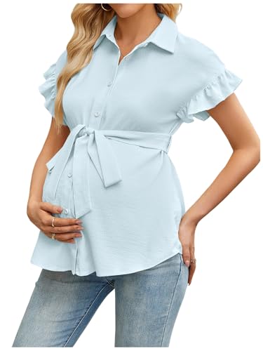 MakeMeChic Women's Maternity Nursing Work Blouse Pregnancy Ruffle Tops - color: Mint Green, size: Medium