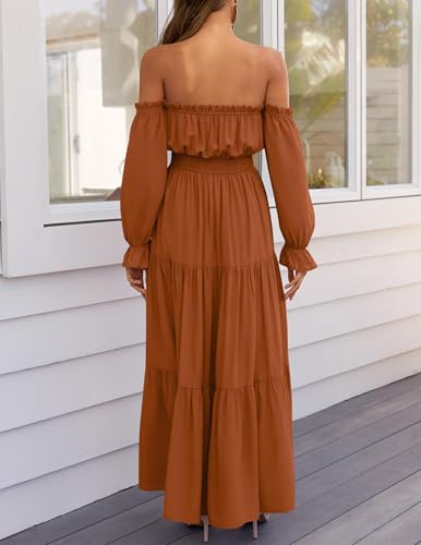 ZESICA Womens Fall Long Sleeve Boho Off Shoulder Maxi Dresses - color: Caramel, size: X-Large