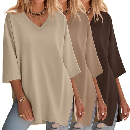 Huukeay 3 Pack Womens 3/4 Sleeve Oversized Tops - color: Dark Brown, Coffee, Gray Khaki, size: Medium