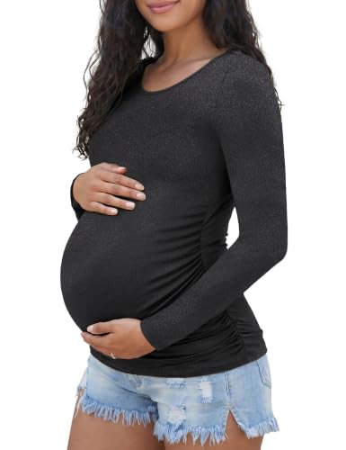 Happy.angel Women's Maternity Long Sleeve Shirts,Side Ruched Pregnancy Tops - color: Grey, size: X-Large