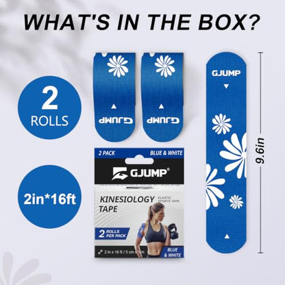 Cute Pattern Kinesiology Tape for Women, 2 Rolls 40 Pre-Cut Strips - color: Blue Floral