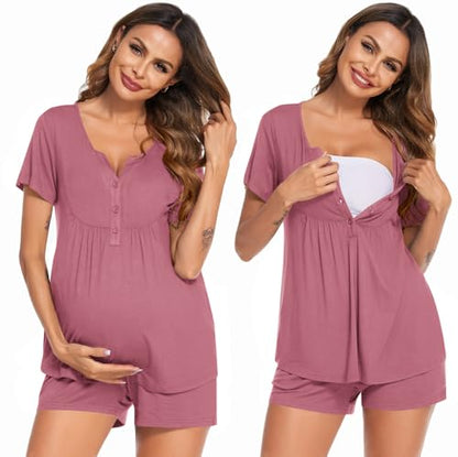 Ekouaer Women Maternity Nursing Pajama Sets Short Sleeve Postpartum Pajamas - color: Grey Red, size: X-Large