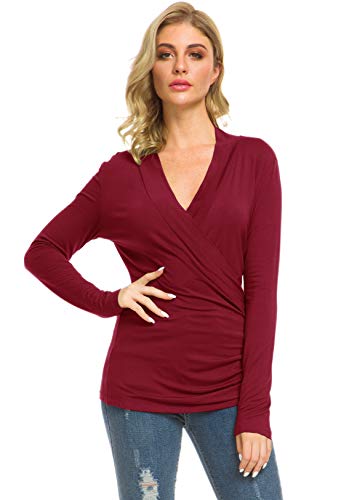 Afibi Womens Slim Fitted Deep V Neck Cross Wrap Top Long Sleeve T-Shirts - color: Burgundy, size: Medium