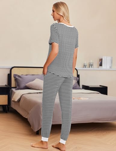 Ekouaer Pajamas for Women Set 2 Piece Fall Sleepwear with Pockets - color: Black Stripe, size: Medium