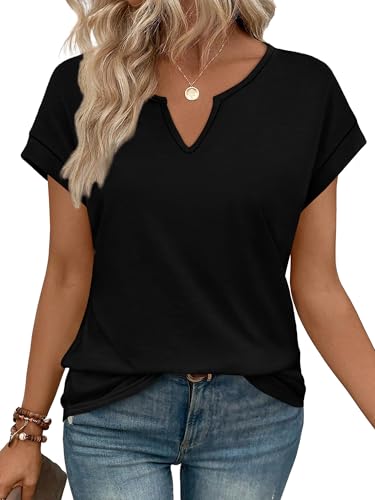 WIHOLL Womens Summer Tops 2026 Cap Short Sleeve Shirts V Neck Tshirts Spring Blouses Beach Vacation Clothes - color: Solid Black, size: Large