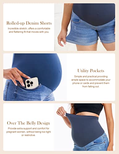 HOFISH Maternity Denim Jeans Shorts, Over-Belly Pregnancy, Super Stretchy - color: Light Blue, size: Small
