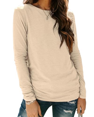Sherosa Womens T-Shirts Long Sleeve Crew Neck Shirts Basic Tee Tops Blouse - color: A Cream, size: Medium