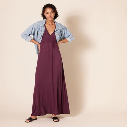 Amazon Essentials Women's V Neck Short Sleeve Empire Waist Maxi Dress (Available in Plus Size) - color: Burgundy, size: Small