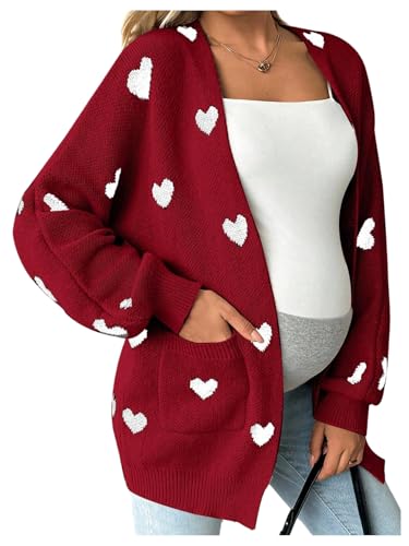 MakeMeChic Women's Maternity Heart Sweater Cardigan Fall Winter Clothes - color: Red, size: Small