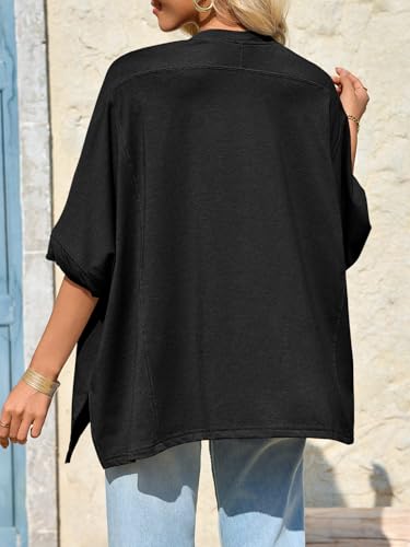 Tankaneo Womens Oversized Tshirts Batwing Short Sleeve Asymmetric Hem Tops - color: Black, size: Medium