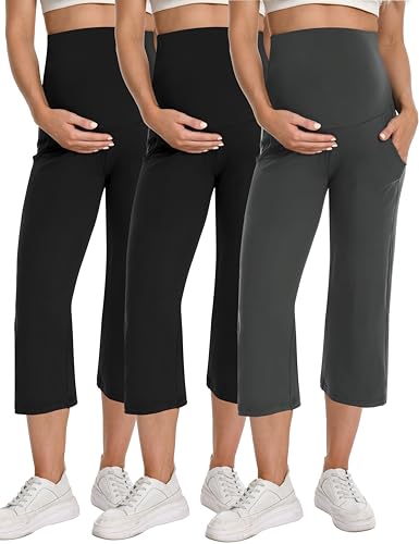 Foucome Maternity Capris Wide Leg Cropped Yoga Pants - color: Black/Black/Grey, size: Medium