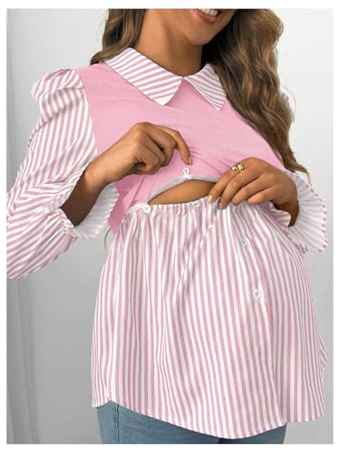 WDIRARA Women's Maternity Striped Button Down Shirts Long Sleeve Collared Blouse 2 in 1 Nursing Top - color: Pink, size: X-Large