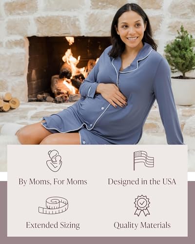 Kindred Bravely Clea Long Sleeve Maternity Nursing and Postpartum Nightgown - color: Slate Blue, size: Medium