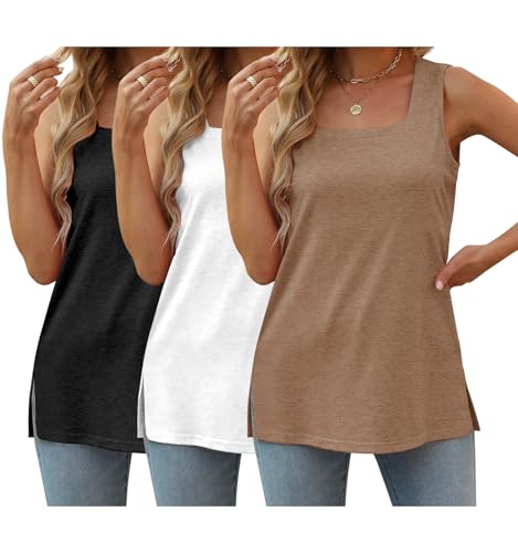 3 Pack Women Plus Size Tank Tops Basic Square Neck Sleeveless Tees - color: Black White Brown, size: Medium
