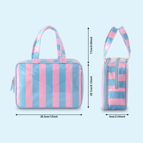 Toiletry Bag for Women, Pink and Blue Stripe - color: Pink-Blue