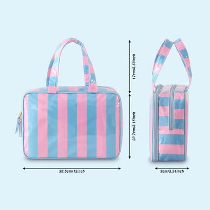 Toiletry Bag for Women, Pink and Blue Stripe - color: Pink-Blue