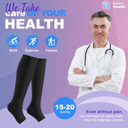 Zipper Compression Socks Women & Men |15-20mmHg Open Toe knee high - color: Black, size: Small-Medium