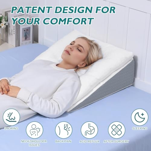 Bed Wedge Pillow for Sleep Apnea 10 Inch Gerd Pillow Patent Dual Layer Triangle Pillow Adjustable Shredded Memory Foam Topper Soft Support Ideal for Acid Reflux, After Surgery, Snoring - size: 24x24x10 Inch