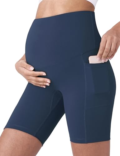 POSHDIVAH Maternity Biker Shorts Over the Belly with Pockets 5"/8" - color: Navy Blue, size: Small