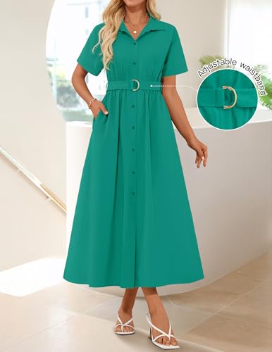ZESICA Women's Summer Button Down Short Sleeve Midi Dress - color: Green, size: Small