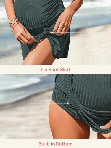 Summer Mae Ribbed Maternity Swim Dress, Tie-Knot One Piece Swimsuit - color: Olive, size: 6-8