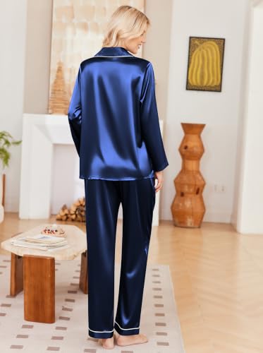 Ekouaer Womens Pajamas Silk Satin Long Sleeve Button Down Pjs Lounge Set - color: Navy, size: Large