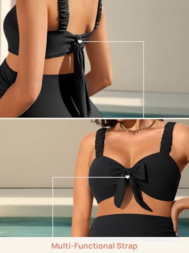Summer Mae Ribbed Maternity Bikini Swimsuit Two-Piece Crop Top Bathing Suit - color: Black, size: 14