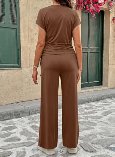 BLENCOT Maternity Clothes Summer Short Sleeve Sets Casual 2 Piece Outfits - color: Brown, size: Large