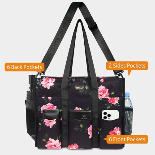 TOPDesign Utility Water Resistant Tote Bag with 22 Pockets, Zipper Closure - color: Peony, size: Medium