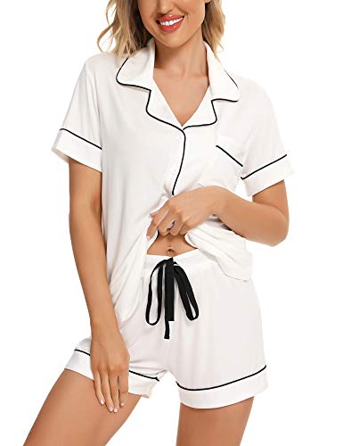 Senert Womens Pajamas Sets Soft Button Down Short Sleeve Sleepwear - color: A - White, size: Large