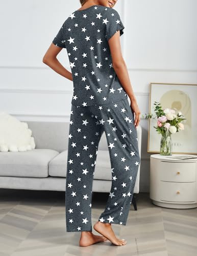 Ekouaer 2 Pack Womens Pajama Set Short Sleeve Top and Printed Pants Soft Pj - color: Black/Grey Star, size: XX-Large