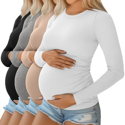 Ficerd 4 Pack Women's Maternity Shirts Long Sleeve Pregnancy Top - color: Black, Light Heather Gray, Khaki, White, size: Large