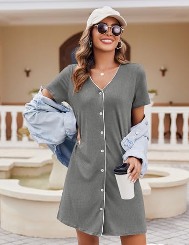 Ekouaer Nightgowns for Women 2 Pack Night Gowns Button Down Sleep Shirts - color: Grey/Grey Stripe, size: Medium