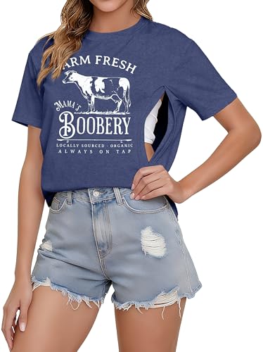 Women's Breastfeeding Shirt Zipper Nursing T-Shirt Maternity Graphic Tees - color: Blue a, size: XX-Large