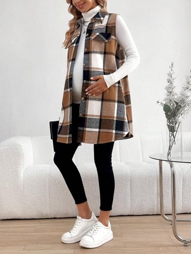MakeMeChic Women's Maternity Plaid Flannel Vest Collared Pregnancy Coat - color: Brown, size: Large
